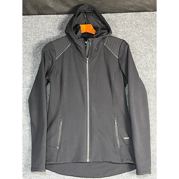 Athleta Jackets & Blazers - Athleta Womens Black Full Zip Hooded Jacket Reflective Trim Thumbhole Cuff Sz M
